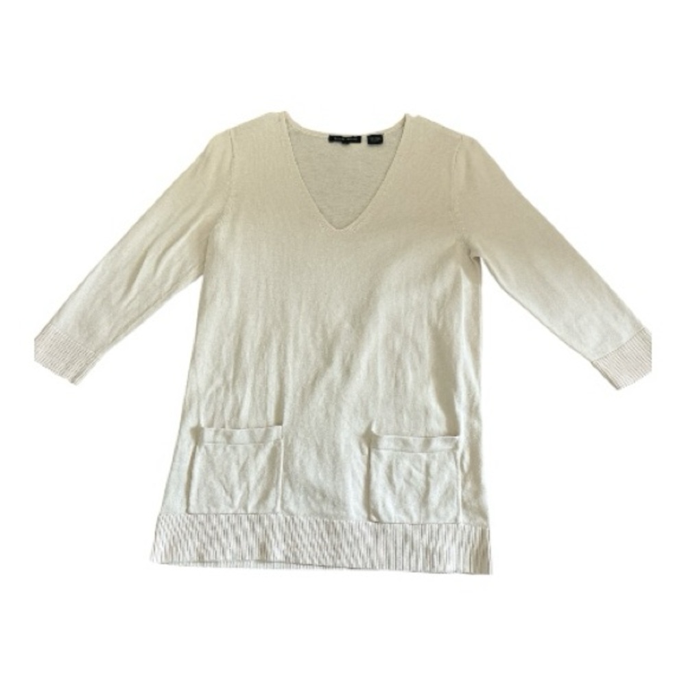 JEANNE PIERRE CREAM V NECK SWEATER 3/4 SLEEVE 100% COTTON SZ SMALL WOMEN